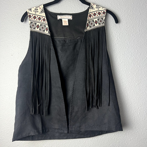 Flying Tomato Small Black Aztec Southwestern Open Vest Faux Suede Fringe Boho - Picture 1 of 9